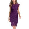 MQTIME  -  Lace Dress Ruffled Neck Slim Fit Party Dress Short Sleeve Hollow Out Elegant Wine Red Vestidos Femme Evening Robes