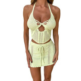 MQTIME  -  New European and American Beach Women's Solid Color Cross Knitted Beach Bikini Swimsuit Beach Set