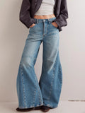 ﻿ MQTIME  -  autumn retro washed flared light blue women's jeans women's low waist wide leg jeans going out all-match style