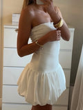 MQTIME  -  Women's Elegant Sexy Summer Strapless Solid Color Low Waist Puff Bubble Party Club Short Mini Dress Beach Streetwear
