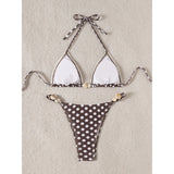 MQTIME  -  Women's Polka Dot Print Two Pieces Bathing Suits Sleeveless Halter Neck Padded Bra with Ruched Low Waist Thong Sets