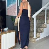 MQTIME  -  Color Blocking Lady Halter Slim A-line Dress Casual Streetwear Side Split Long Dress New Summer Hollow Out Backless Party Dress