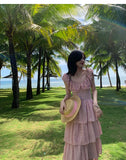 MQTIME  -  New French Sweet Pink Ruffles Beach Holiday Sleeveless Dress Women O-neck Slim Print Midi Tank Cake Long Dress Vestidos