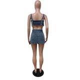 MQTIME  - Women Denim Cargo Two Piece Set Multi Pockets Zipper Spaghetti Straps Crop Tops Bodycon Mini Skirts with Lace Up Belt Jeans Suit