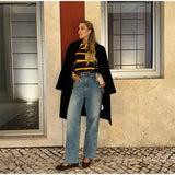 MQTIME  -  Striped Knit Pullover Women Polo Collar Half Single Breasted Long Sleeves Sweater Female Winter Chic Fashion Knitwears