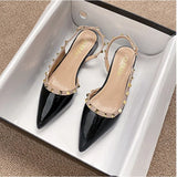 MQTIME  -  Women's Nude Patent Leather Sandals Pointed Toe Slingback Pumps with Studs Low Block Heel Dress Shoes for Office and Party Heel
