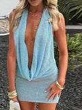  MQTIME  -  Knitted Short Dress For Women Sleeveless Hollow Out Backless Halter Mini Sequined Dresses Summer Chic Ladies Party Clothes