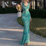MQTIME  -  Butterfly Printed Swinging Collar Slip Long Dress Summer Slim Sleeveless Female Clothing Vacation Style Elegant Bag Hip Dresses