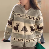 Mqtime Chic Knitted Cardigan Women Sweaters Pull Print Zipper Christmas Sweater Temperament Vintage Casual Oversized Sweater Tops