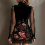 MQTIME  -  Sexy O Neck Elegant Floral Print Velvet Dress Woman Spring Spliced Mesh Lace Party Dress Autumn Long Sleeve Slim Mini Dress