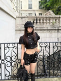 MQTIME  -  French Y2K 2 Piece Set Women Black Double Breasted Puff Sleeve Crop Top Low-Rise Mini Shorts Daily Slim Fit Party Outfit