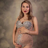 MQTIME  -  Maternity Photography Sexy Goddess V Neck Rhinestones Pearls Luxurious Stretch Jumpsuits Dress For Photo Shoot Props