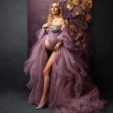 MQTIME  -  Photo Shoot Dusty Pink Tulle Sequin Maternity Dress with Long Train Puff Sleeves Plus Size Open Front Baby Shower Gown