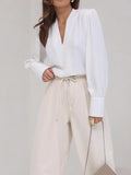 MQTIME  -  Spring Summer Women V-Neck Loose Blouses, Elegant Solid Patchwork Long Sleeve Tops, Simple Fashion Chic Ladies Shirts Streetwear