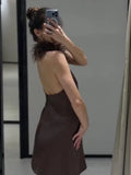  MQTIME  -  Women's Feather Patchwork Short Dresses Vintage Brown Slim Fit Backless Mini Dresses Party Evening Gown Casual Streetwear