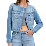 MQTIME  -  Autumn New Women's Slim Fit Short Style Collarless Long Sleeved Denim Jacket with Multiple Pockets Workwear Jacket