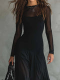  MQTIME  -  Women's O Neck Mesh Patchwork Maxi Dress Long Sleeve Solid Sexy Chic Party Dress for Spring Autumn Holiday Fashion Ladies Dress