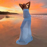 MQTIME  -  Sexy Spaghetti Strap Solid Color Sleeveless Mesh Patchwork Dress Women Slim See-Through Party Beach Holiday Long Dress