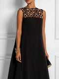 MQTIME  -  Women Fashion Hollow Solid Color Round-Neck Evening Dresses 2024 New Summer Sleeveless Loose V Back Casual Black Dress