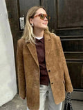  MQTIME  -  Retro Suede Female Jacket Chic Single Breasted Long Sleeve Lapel Loose Blazer Coat Women Eraly Autumn Street Lady Outerwear