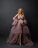 MQTIME  -  Photo Shoot Dusty Pink Tulle Sequin Maternity Dress with Long Train Puff Sleeves Plus Size Open Front Baby Shower Gown