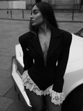 MQTIME  -  Lace Fashion Suit Jumpsuit Female Blazer Body Top V-Neck Slim Long Sleeve Sexy Cardigan Streetwear Women Black Rompers New