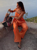  MQTIME  -  Orange Drawstring Women Wide Leg Pants Suit Elegant Sleeveless Ruffles Pleated Hem Sling Tops Lady Two Piece Set Street Outfits