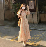 MQTIME  -  2024 Summer New Fragmented Flowers Show Slim Temperament First Love French Square Neck Chiffon Dress Lantern Sleeves Rose Print