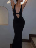 MQTIME  -  Spring and Summer Women's Clothing V-neck Sleeveless Long Dress Knitted Blouse Sexy Slim-fitting Hollow Fashion Mesh Dress