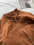 MQTIME  -  Autumn  Standing Collar Buckle Suede Coat Brown Beige Women's Short Motorcycle Jacket Top