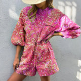 MQTIME  -  Women Summer Long Sleeve Playsuit with Waist Elastic Band Casual Stand Collar Pocket Loose Wide Leg Short Jumpsuit