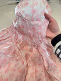 MQTIME  -  Korean Style Gentle Printing Slip Dress Female 2024 Summer Pink Sweet High Waist Slim Fit Figure Flatting Puffy Dress Princess