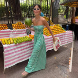 MQTIME  -  Green Striped Strapless Maxi Dress for Women Sexy Folds Sleeveless Slim Beach Dress Female Caual Dress Bohemia Outfits 2024