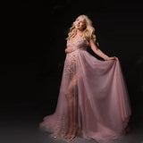 Mqtime Photoshoot Bridal Gowns Maternity Deep V Neckline Tulle vestido de fiesta longo Vintage Pink Maternity Dress Beads Sleeveless