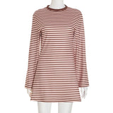 ﻿ MQTIME  -  Striped A-line Mini Casual Dress Women Fashion O Neck Long Sleeve Loose Streetwear Holiday Outfits 2025 Autumn Party Clubwear