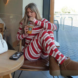  MQTIME  -  Fashion Striped Knitted Two-Piece Set For Women Round Neck Cardigan Top High Waist Straight-Leg Pants Casual Set 2026