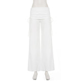  MQTIME  -  Women's Folds Waisted Wide Leg Pants Casual Ruched Drawstring Side Flowy Straight Trousers Streetwear Fashion Y2K Loose Fit New