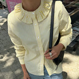 MQTIME  -  Ruffle Striped Top For Women's Fall Fashion Long Sleeve Casual Street Cardigan Tops 2025 New Fashion Commuting Shirt