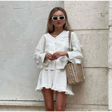 MQTIME  -  Casual  Ruffles Shirt Shorts Sets Women 2 Pieces 2025 Summer Single Breasted V-neck Loose Shirts Wide Leg Shorts Suits Solid