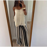 MQTIME  -  Solid Lace Patchwork Sling Tops Lady Casual Sleeveless V Neck Chic Loose Backless Short Vest Summer Vacation Street Wear