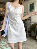 MQTIME  -  Summer White Belted  Knot Strap Dr Women's A-Line  Skirt Slimming Effect Korean Sle Commute