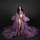 MQTIME  -  Luxury Purple Maternity Dress for Photoshoot Tiered Ruffles Baby Shower Gown Women V Neck Tulle Prom Dresses with Bow Sash