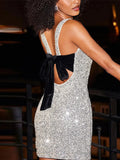 MQTIME  -  Sequined Big Bow Women Dresses Sleeveless Backless Lady Mini Dress 2024 Sexy Shinny Evening Party Sling Hip Package Female Rube