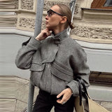 MQTIME  -  Women's Autumn Grey Zipper Outwear Jackets Solid Loose Patchwork High Waist Cropped Top Coat Streetwear Chic Casual Lady Tops