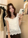  MQTIME  -  Summer Vacation Vintage Embroidery Crochet Solid V Neck Short Sleeve Women Blouse
