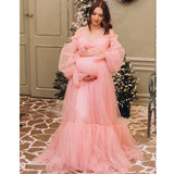 MQTIME  -  Puffy Sleeve Maternity Dress Tulle Robe With Underskirt for Photoshoot Off Shoulder Pregnancy Baby Shower Gown