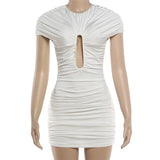 MQTIME  -  Hollow Out Ruched Bodycon Mini Dress Women Sexy O-neck Short Sleeve Backless Wrap Hip Slim Party Night Clubwear Streetwear