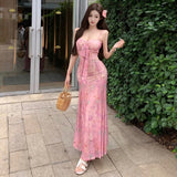 MQTIME  -  Women Dress Sexy Sleeveless Slash Neck Blooming Slim Floral Printed Bow Backless Hollow Out Elegant Party Dresses Ladies