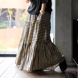 MQTIME  -  Maxi Skirts Vintage Style Striped Cotton Skirts Femme Japanese Long Skirt Loose Fit Stretch Waist Holiday Bottoms