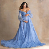 MQTIME  -  Charming Ruffle Tulle Maternity Dress Photoshoot Off the Shoulder Blue Bridal Robes Custom Made Babyshower Dress for Photography